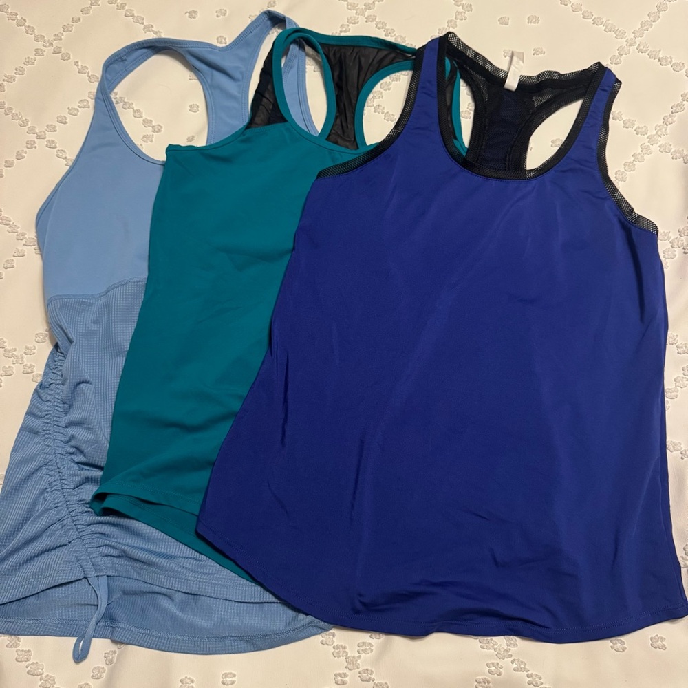 Fabletics Women's Racerback Tank Top Trio - Navy, Teal, Sky Blue